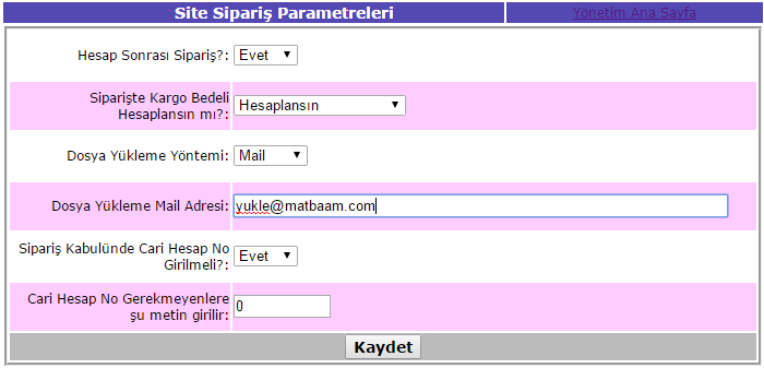 7. Sipariş Parametreleri e-baski.com sisteminde üye firmalar sipariş sayfalarını kullanmak istemeyebilirler. Bu durum Hesap Sonrası Sipariş? seçeneği ile belirlenir.