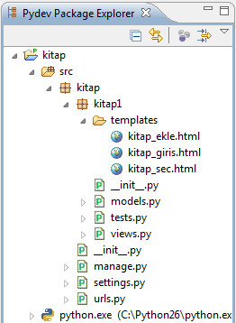 Burda tekrar karşımıza çıkan yeni init.py ve tests.py dosyalarına dokunmayacağız. Bizi ilgilendiren dosyalar views.py, models.py ve bizim oluşturacamığız template dosyaları. models.py bizim veritabanı ile ietişim kurmadaki aracımızdır.