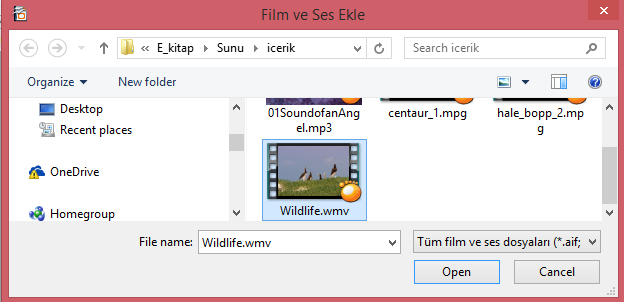 Slayta film dosyası (video dosyası) eklemek için; En başta bulunan Film ve Ses düğmesine bastıktan