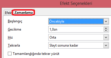 Vurgu efeği vermek istediğimiz resmi seçelim. Vurgudan hoşumuza giden bir efekt belirleyelim. Kelebeğe papatya üzerinde gezinme efekti vermek için Sallanma efektini seçtim.