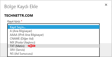 Office 365 Domain Doğrulama ve Domain Ekleme-11 Açılan pencerede etki alanıma ait gireceğim kayıt türünü seçmemi istiyor.