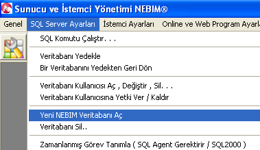 Bu ekranda Kullanıcı sa olmalıdır. Tamam simgesi tıklanarak geçilir. SQL Server Ayarları menüsü açılır. Buradan da Yeni NEBIM Veritabanı Aç menüsüne girilir.