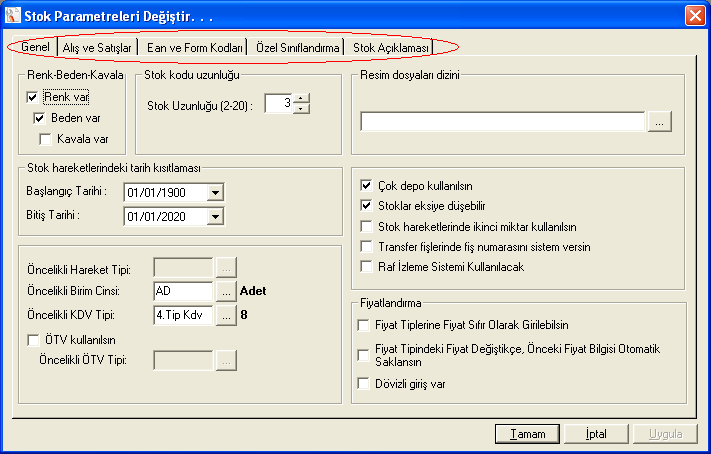 Genel Açılacak stok kartları ile ilgili parametrik ayarlar vardır. Açılacak stok kartında renk, beden, kavala (boy, tekstilde paça boyu) var ise bu kutucuklara iģaret bırakılmalıdır.
