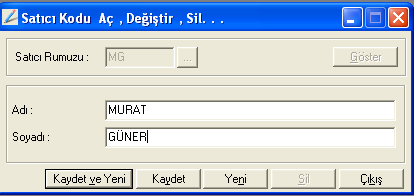 1.7.2. Kasiyer Kodu Aç, DeğiĢtir, Sil Yazar kasa kullanma yetkisine sahip kiģilerin (kasiyerlerin) tanımının yapıldığı alandır. Bu alanda bir kasiyer rumuzu girilerek Göster simgesine basılır.