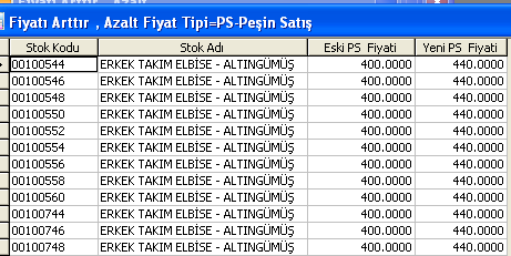 Ġlgili menüye girildiğinde öncelikle filtre ekranı açılır. Buradan fiyatı değiģtirilecek ürün aralığı seçilebilir. Daha sonra yandaki menü açılır. Burada da gerekli bilgiler girilir.