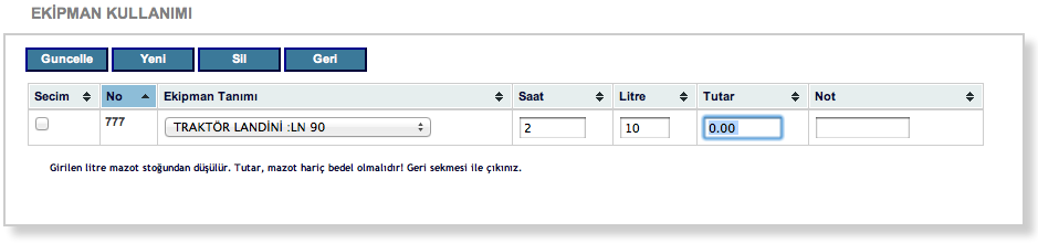 Diğer Girdi Ekle ile iş emrinde tüketilen diğer girdiler girilmelidir. Hasat Girişi de yanı şekilde yapılabilir.