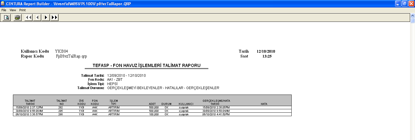 TUŞ AÇIKLAMALARI RAPOR: Ekrandan girilen kriterler dahilinde ilgili raporun ekran, yazıcı veya csv formatında dosyaya alınmasını sağlar.