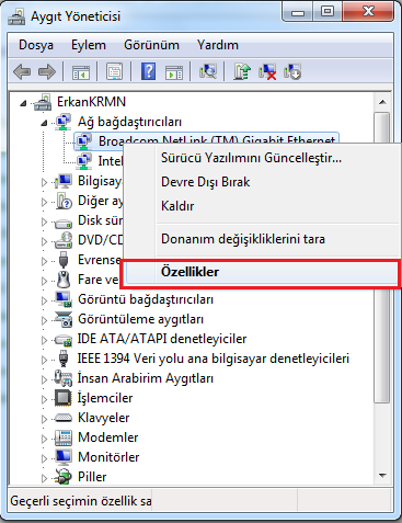 Resim 1.7: Aygıt yöneticinde sorunlu donanımlar Ethernet bağdaştırıcısının üzerine sağ tıklayarak ethernet bağdaştırıcısı özelliklerine girilir. Resim 1.