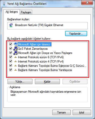 1.3. Yanlış Protokol veya Protokol Özellikleri Bilgisayarda bulunan protokolleri ve özelliklerini görmek için Yerel Ağ Özelliklerinin açılması gerekmektedir.