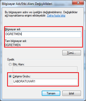 Resim 1.24: Bilgisayar adı ve Çalışma Grubu Bilgisi Bilgisayar adını ve çalışma grubunu yeniden belirlemek için Değiştir butonuna basılır. Resim 1.