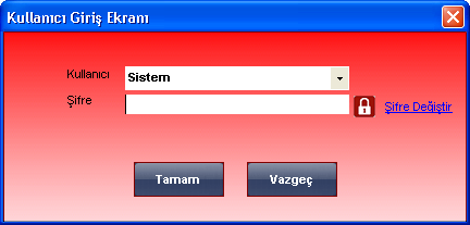 Menü tıklandığında açılan aşağıdaki ekranda Kulalnıcı alanından giriş yapılmak istenen kullanıcı seçilerek bu kullanıcıya ilişkin şifrenin girilmesi ile uygulamada