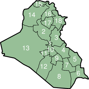 6 İl / Başkent 1. Bağdat / Bağdat 2. Selahaddin / Tikrit 3. Diyala / Bakuba 4. Vasit / Kut 5. Maysan / Amara 6. Basra / Basra 7. Dikar / Nasiriye 8. Mutanna / Samava 9. Kadisiye / Divaniye 10.