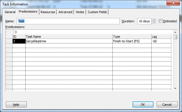 Gecikme(Lag) Zamanı Birbirine bağlı görevlerin arasında tanımlanan gecikme süresidir. Diğer görevin bitişinden 3 gün sonra başlayacak bir görev için gecikme kısmına 3 girilir.