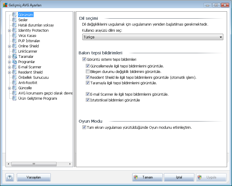 9. AVG Gelişmiş Ayarlar AVG Anti-Virus Gelişmiş yapılandırma iletişim kutusu Gelişmiş AVG Ayarları adlı yeni bir pencerede açılır.