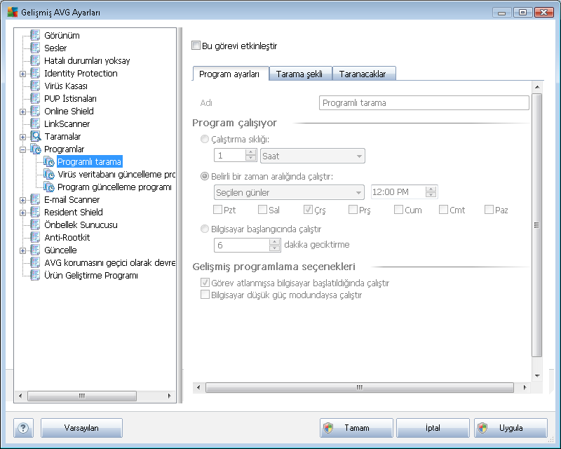 Virüs veritabanı güncelleme programı Program güncelleme programı 9.9.1. Programlı Tarama Üç sekmede zamanlanan tarama parametreleri düzenlenebilir (veya yeni bir zamanlama ayarlanabilir ).