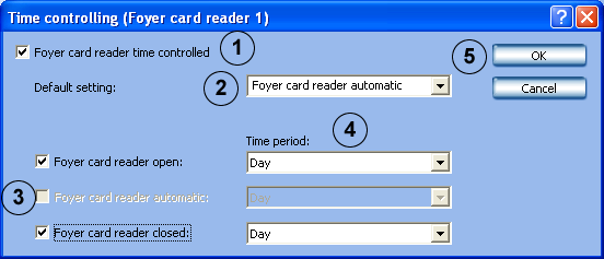 DiBos/DiBos Micro Standart yapılandırma tr 81 Giriş kartı okuyucusunun zaman kontrolünü yapılandır Girişler ve çıkışlar menüsü > Giriş kartı okuyucu kayıt kartı > Kurulum komut kutusu (ayrıca bakınız