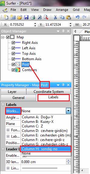 Son eklediğim Post layer ile birlikte sol tarafta Object Manager bölgesinde projemde hangi nesneler var diye bakmak istediğimde hem Counters (eş yükselti haritam) hem de Post Layer (sondaj