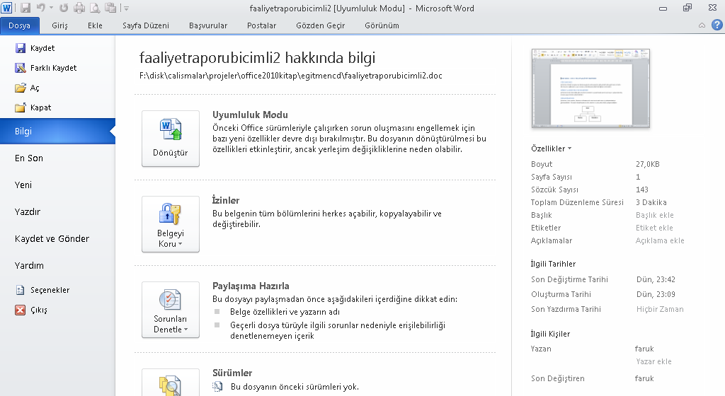 Bilgi Görünümü Yeni Dosya Formatları (.xlsx) Excel in sürekli yeni sürümlerinin çıkması; zaman içinde Excel in dosya formatının da değiģmesine yol açmaktadır. Excel Workbook / ÇalıĢma Kitabı (*.