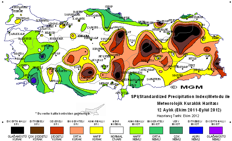 Şekil 36. SPI Metodu ile 2011 2012 Tarım Yılı son 9 aylık kuraklık değerlendirmesi Şekil 37. SPI Metodu ile 2011 2012 Tarım Yılı 12 aylık kuraklık değerlendirmesi 3.4.