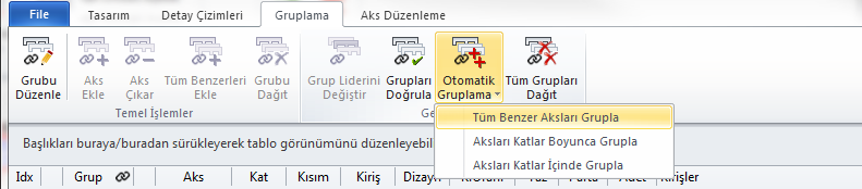 Gruptan Aks Çıkarmak: Gruptan kiriş aksı çıkarmak için zincir ( ) işareti bulunan akslardan birini çift tıklamanız yeterlidir. Alternatif olarak, aksı seçerek Aks Çıkar düğmesine basabilirsiniz.