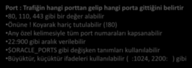 Kural Başlığı: Port Alanı Port : Trafiğin hangi porttan gelip hangi porta gittiğini belirtir 80, 110, 443 gibi bir değer alabilir Önüne! Koyarak hariç tutulabilir (!