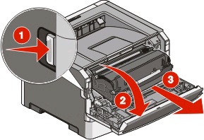 Not: Fotokondüktör kiti yalnızca bir öğedir. Fotokondüktör kitini değiştirmek için: 1 Yazıcının sol tarafındaki düğmeye basıp ön kapağı aşağı indirerek ön kapağı açın.