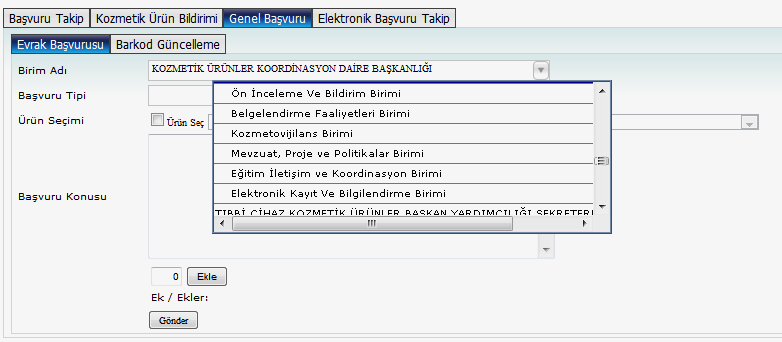 Açılan ekranda Birim Adı kısmından Kozmetik Ürünler Koordinasyon Daire Başkanlığı altındaki ilgili