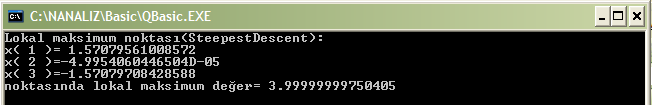 35 SteepestDescent programı ve örnekleri: 1. f ( x, y, z) = Sin( x) + Cos( y) Sin( z) fonksiyonunun x=1, y=1 ve z=1 civarında maksimumu var mıdır?