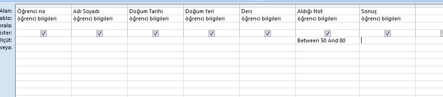 10 Örnek: Aldığı not 50 ve üstü Doğum yeri İstanbul olmayanları getirelim Sonuçta aşağıdaki gibi bir görüntü elde ederiz. Aynı satıra yazılan kriterler ve anlamına gelir.