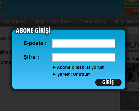 Eğer Korhaber Online abonesi iseniz buraya tıklayarak giriģ yapınız! Ekran görüntünüz bu Ģekilde olacaktır. Mevcut E-Posta ve ġifrenizi yazarak GĠRĠġ butonuna basınız.