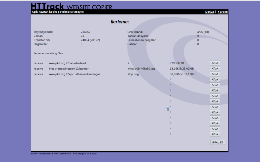 HTTRACK Ve gösteri başlasın... Sitemizin normal bir kullanıcının yasal yollardan indirebileceği tüm içeriği teker teker indiriliyor.