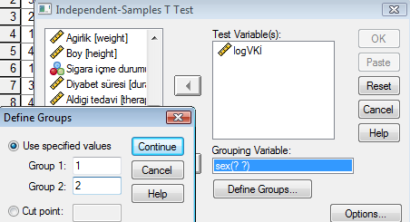 >Define Groups>[Group 1 e 1, Group 2 ye de 2 girelim]>continue>ok. AĢağıdaki çıktıları elde ederiz: Group Statistics Cinsiyet N Mean Std. Deviation Std.