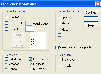 >Statistics> Percentile(s) kutucuğunu işaretleyelim. 5, 25, 50, 75 ve 95 persantil değerlerini tek tek kutuya yazıp her seferinde Add yapalım > Std.