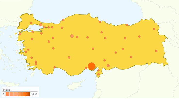 Türkiye üzerinde ziyaretçi dağılımı incelendiğinde Adana, Ankara, İstanbul ön plana çıkan iller.