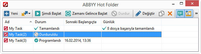 ABBYY Hot Folder ana penceresinde bir dizi ayar görevi görüntülenir. Her görev için, güncel durum ve zamanlanan işleme süresi ile birlikte ilgili hızlı erişim klasörüne olan tam yol da görüntülenir.