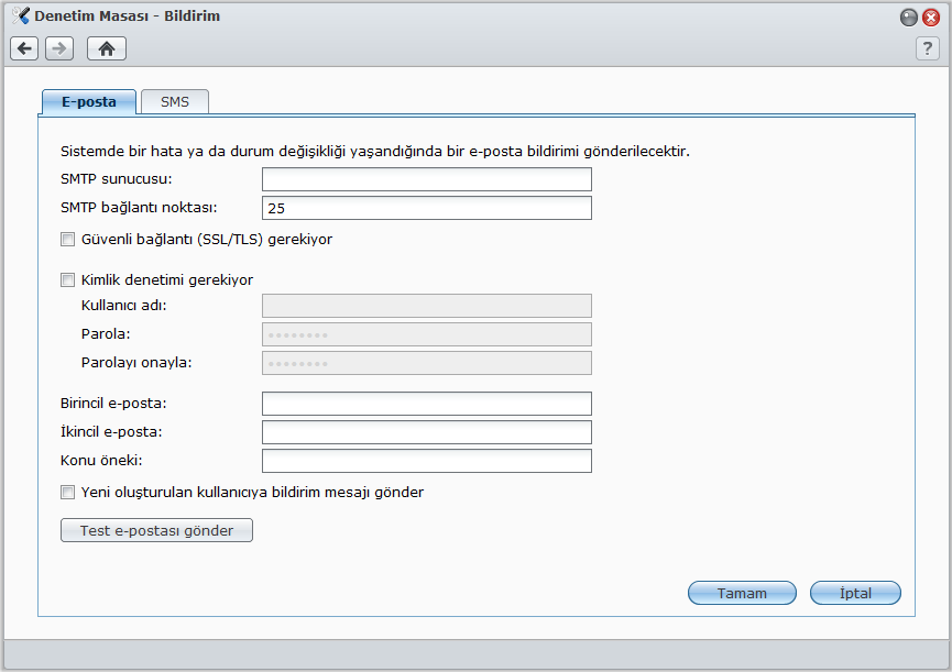 Olay Bildirimi Alın Synology DiskStation Kullanım Kılavuzu Ana Menü > Denetim Masası > Bildirim seçimini yapın ve önemli bir olay olduğunda (örneğin durum değişikliği, sistem hatası, bağlantı kaybı,