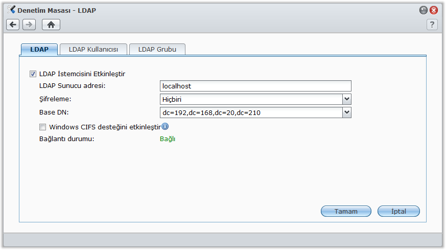LDAP Hizmetine Katılın Synology DiskStation Kullanım Kılavuzu DiskStation sunucunuzun bir LDAP istemcisi olarak mevcut bir dizin hizmetine katılmasına izin vermek için Ana Menü > Denetim Masası >