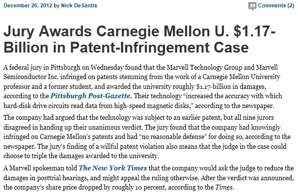 IP WARS: $1.17 Billion Award in Patent Infringement Case http://chronicle.