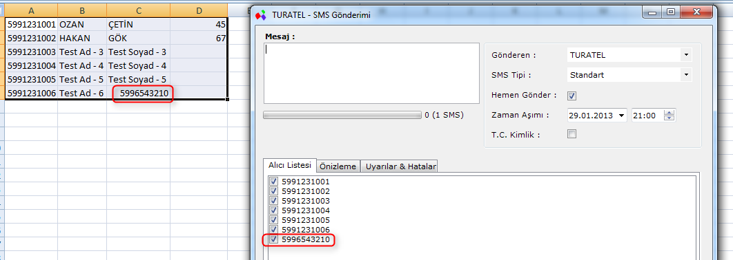 Alıcı Listesi MS Excel den gönderim yapılmak istenen sütunlar seçilerek, SMS Gönder butonuna basıldığında sistem öncelikle ilk satıra bakarak gönderim yapılacak alıcının bulunduğu sütunu tespit eder.