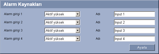 VIP X1600 Internet Tarayıcı Kullanarak Konfgürasyon tr 59 5.21 Alarm Kaynakları VIP X1600 modülünün alarm grşlern konfgüre edeblrsnz. 5.21.1 Alarm grş Alarm kontak kapatılarak tetklenecekse Aktf yüksek seçeneğn seçn.