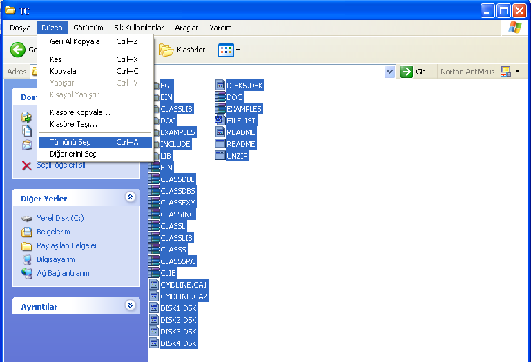 Tüm Dosyaları Seçme: Ġçinde bulunduğunuz klasördeki tüm dosya ve klasörleri seçmek isteniyorsa Düzen/Tümünü seç bölümünden (CTRL+A tuģlarına basılarak) tümü seçilir. (ġekil 2.39) ġekil 2.