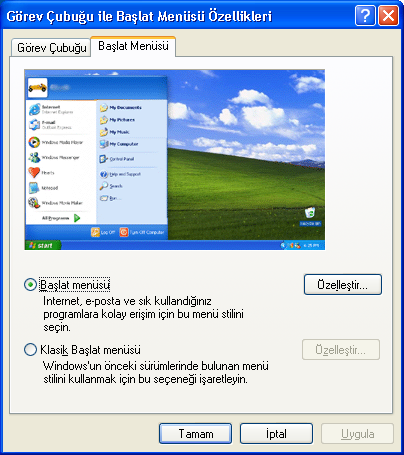 BaĢlat menüsü kısmında ise klasik görünüme geçilebilir ve özelleģtirilme yapılabilir (ġekil 2.70).