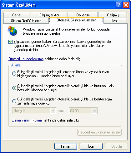 ġekil 2.89 Sistem özellikleri sistem geri yükleme sekmesi Otomatik GüncelleĢtirmeler : Bu seçenek ile istenirse Windows, kendisi için yapılan yenilikleri sizin için yükleyebilir (ġekil 2.90).