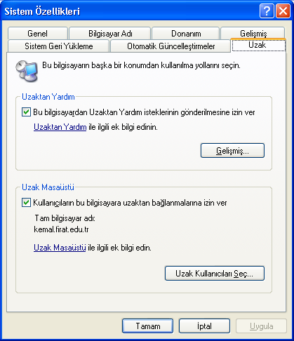 Uzak : Windows XP ile gelen yen bir özellik olan, uzaktaki bir noktadan bilgisayarınızın yönetilmesi özelliğin kullanılabilmesi için bu kısımdan onay verilir ve ayarlamalar yapılır (ġekil 2.91).