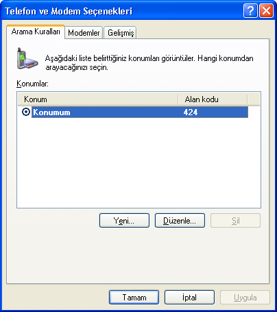 2.6.6.21. Telefon ve Modem Seçenekleri Bu seçenek, bilgisayarda bulunan modem ve buna bağlı telefon hattı ile ilgili ayarlamaları yapmakta yardımcı olur.