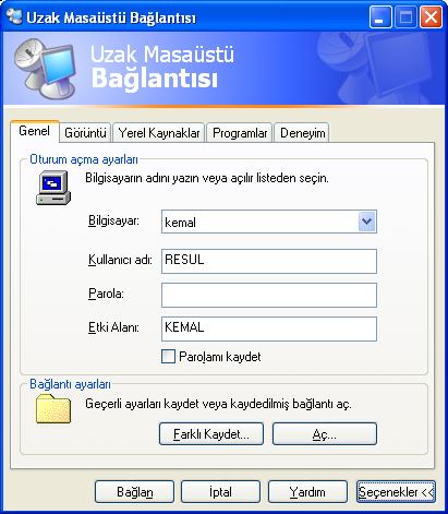 BaĢlat menüsünden Programlar Donatılar ĠletiĢim Uzak Masaüstü Bağlantısı seçeneğinden bağlantı menüsü açılacaktır.