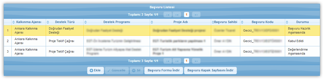 1.20 Ajansa Teslim İşlemleri Başvurusu tamamlanan projelerin başvuru formunu indirmek için Ana Sayfa daki yer alan Başvuru İşlemleri / Başvurularım işlemi seçilir.