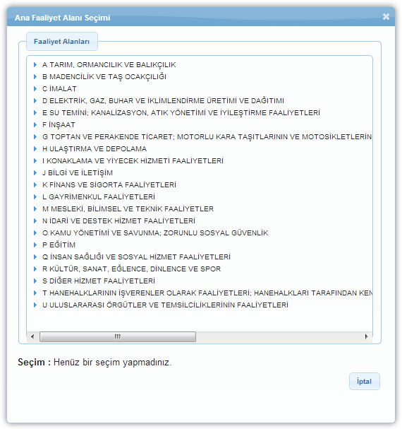 Ana Faaliyet Alanı Seçimi Penceresi Faaliyet Alanı Belirle Penceresi nde yer alan NACE kodlarından ilgili alanın yanındaki ok ( ) düğmesine tıklanır, ilgili faaliyet alanı seçilir ve Seç düğmesine