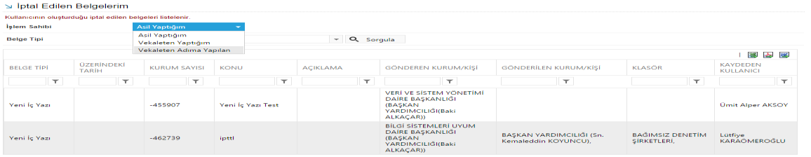 17.5. İPTAL EDİLEN BELGELERİM Kullanıcının oluşturduğu, iptal edilen belgeleri listelenir.