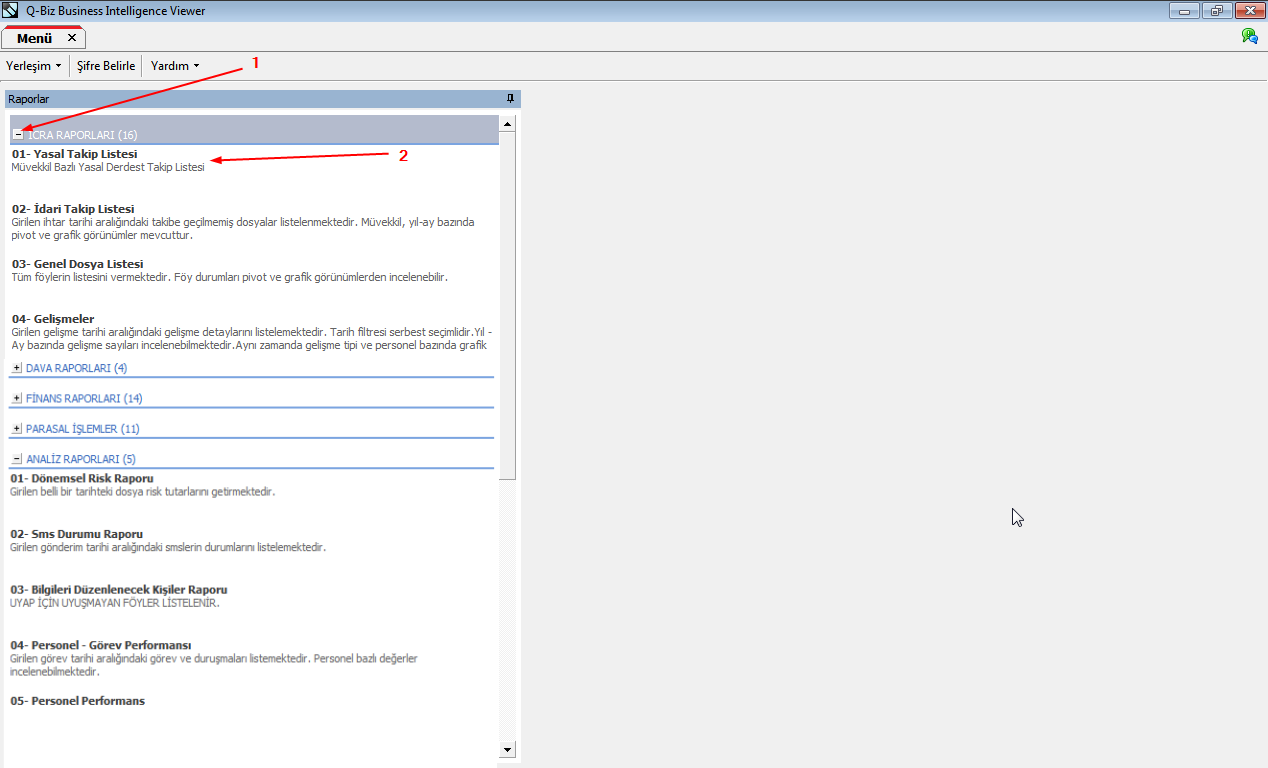 Bir Raporu Çalıştırmak Çalıştırmak istediğiniz raporun kategorisini açın (1). Şimdi açılan listeden ilgili raporu 1 kez tıklayın (2).